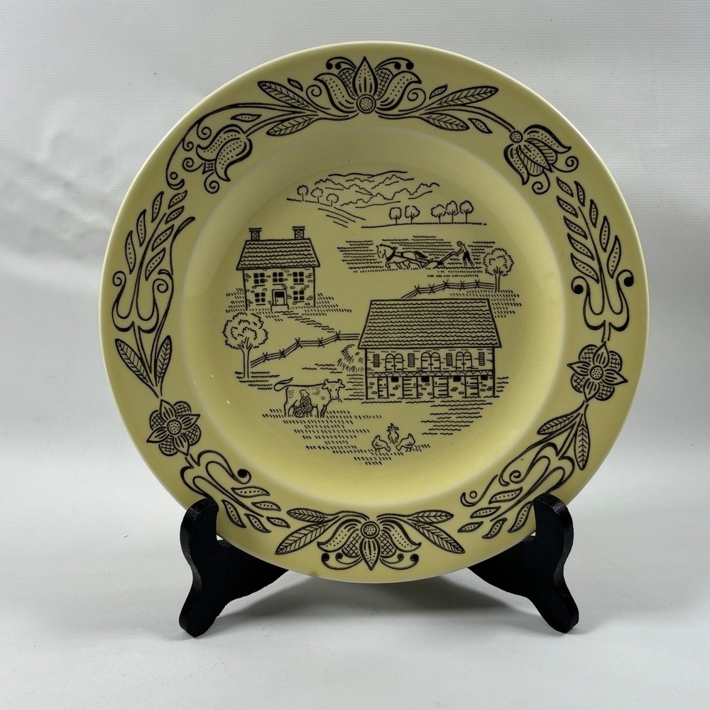 Vintage Bucks County Luncheon Plate Yellow Royal Sebring Farm Scene 9" Round